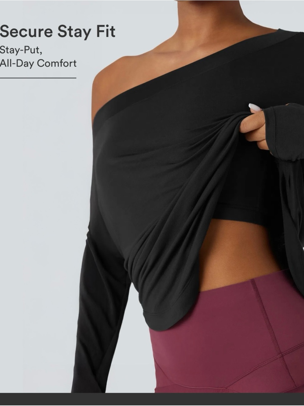 HALARA Black Off-Shoulder Long Sleeve Top with Thumbhole